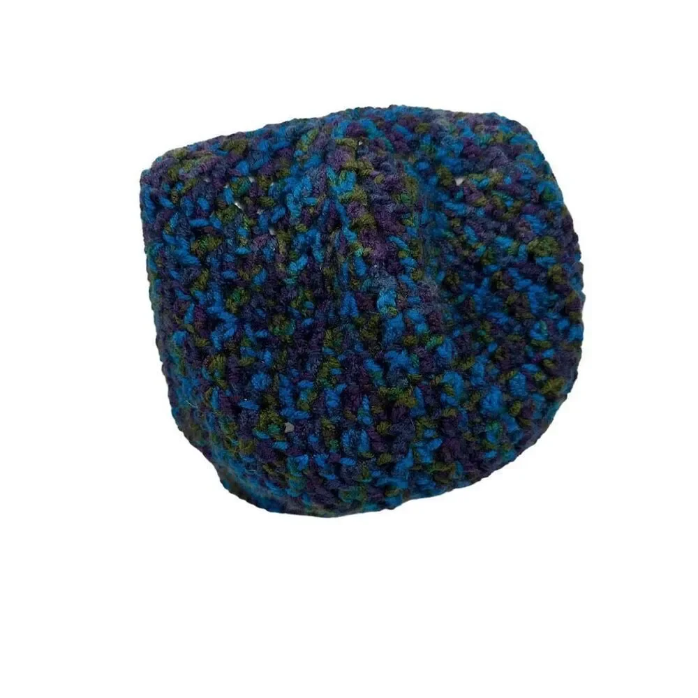 Homemade Knit Beanie Hat Purple Blue Green
